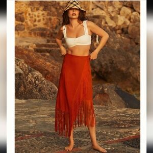 NWT Anthropologie × Le Superbe $357 Fringe Wrap Skirt in Terracotta Size 12